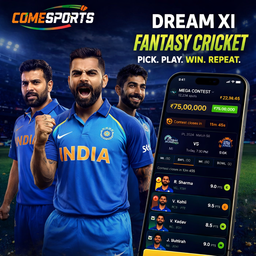 Come App Go fantasy cricket and India team visual